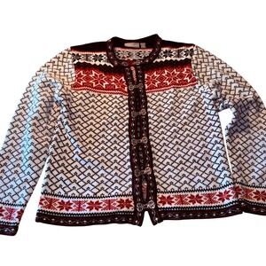 Croft & Barrow Women M White Red Nordic Cardigan Sweater Clasp Fair Isle Acrylic